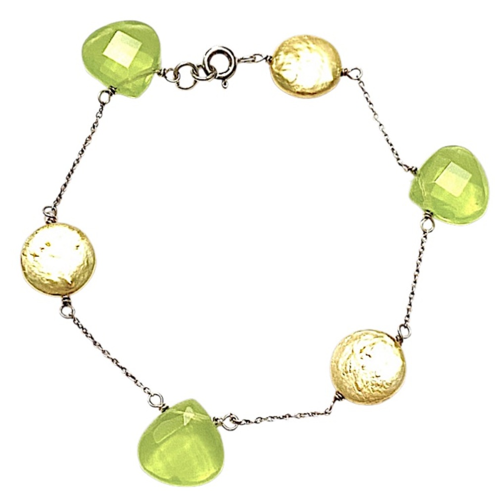 Peridot Sterling Silver Coin Pearl Bracelet 925